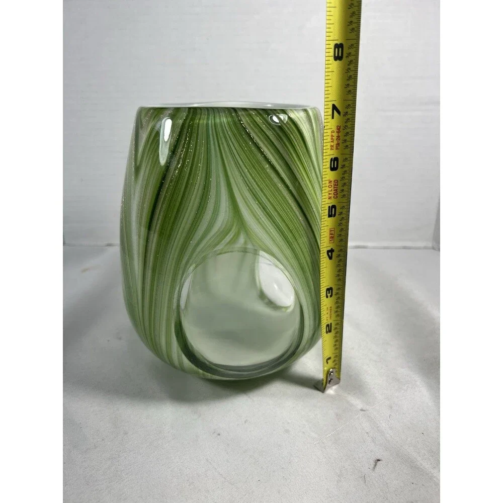 Hand Blown Art Glass Candle Holder Green White Swirl Gold Glitter 7” Tealight